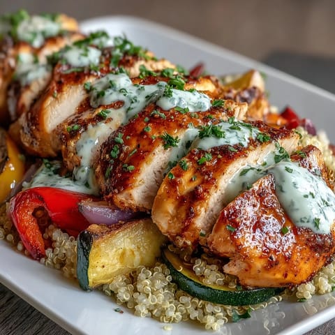 Golden seared paprika herb chicken sits atop fluffy quinoa and vibrant roasted vegetables, finished with a rose harissa drizzle.