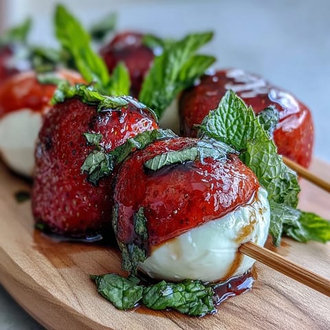 Strawberry Caprese skewers with balsamic drizzle, featuring juicy strawberries, creamy mozzarella, and fresh basil, drizzled with tangy-sweet balsamic reduction.