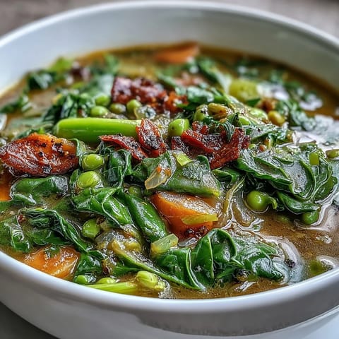 A steaming bowl of Soul Food Black-Eyed Pea and Collard Green Stew, rich with smoky paprika and tender greens.