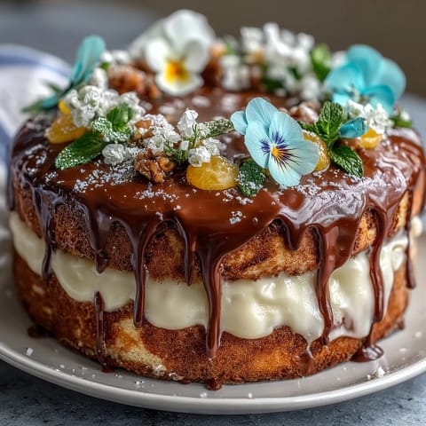 A vibrant Spring Floral Drip Cake with Lemon Frosting, adorned with edible blossoms and a glossy white chocolate drip.  