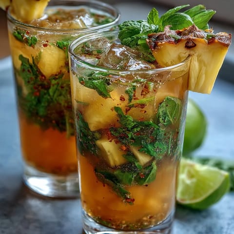Refreshing pineapple basil agua fresca with lime and fresh herbs, served over ice in a clear glass pitcher.