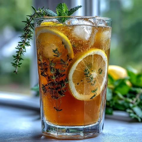 A chilled pitcher of lavender honey lemonade with lemon slices and fresh lavender sprigs.