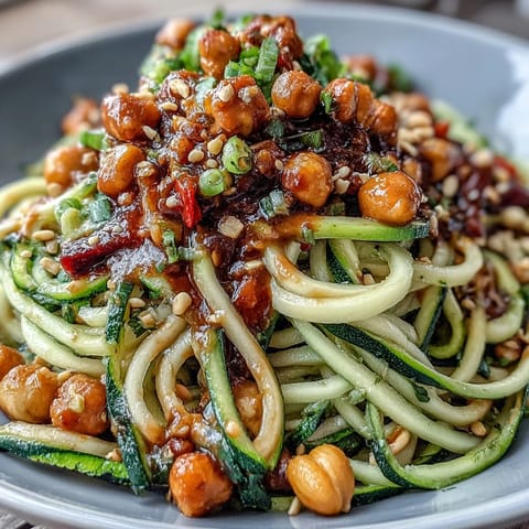Healthy Easy Zucchini Noodle Stir-Fry with Peanut Sauce served in a bowl, vibrant vegetables tossed in creamy peanut sauce, garnished with chopped peanuts and cilantro.