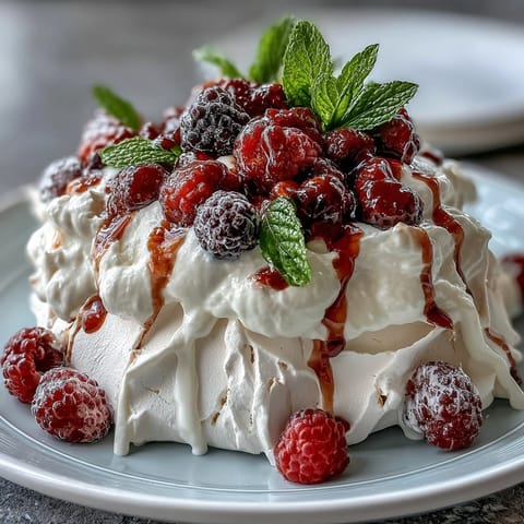 Classic pavlova with mixed berries: crisp meringue shell topped with whipped cream and fresh strawberries, raspberries, blueberries, and blackberries.