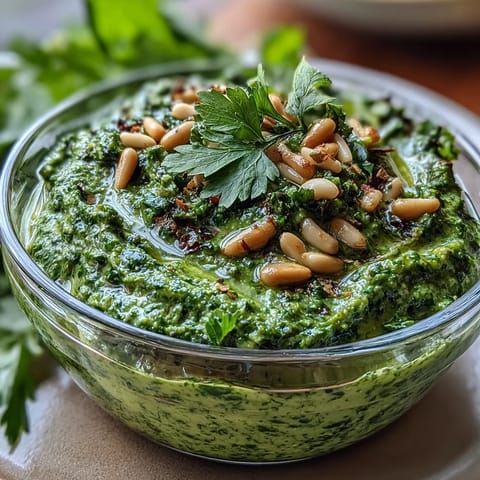 Bright green dandelion pesto with garlic and pine nuts, perfect for pasta or sandwiches