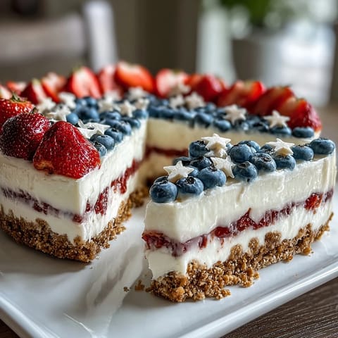 Festive no-bake cheesecake flag cake with creamy filling, fresh berries, and a graham cracker crust—perfect for Fourth of July celebrations.