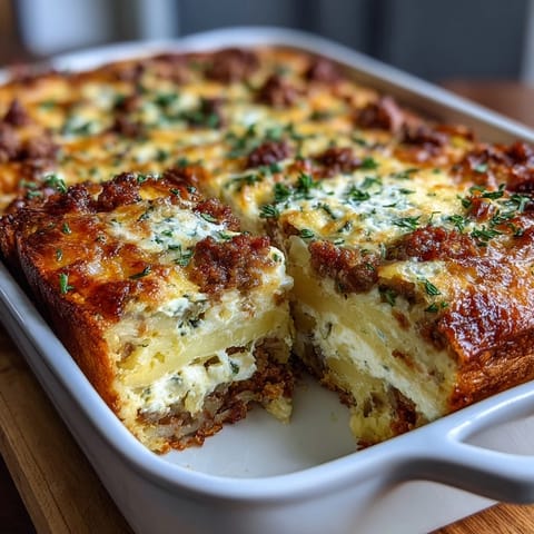 A golden Amish breakfast casserole with hash browns, sausage, and melted cheese in a glass baking dish.