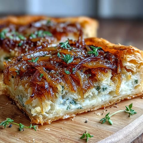 Golden French Onion Puff Pastry Tart with melted Gruyère cheese and caramelized onions.