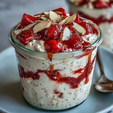 Creamy strawberry vanilla overnight oats topped with fresh berries, a delightful breakfast.