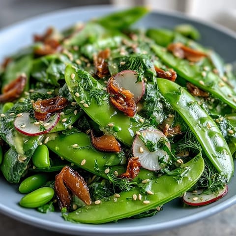 Vibrant snap pea and radish spring salad with creamy tahini dressing, ready for serving.