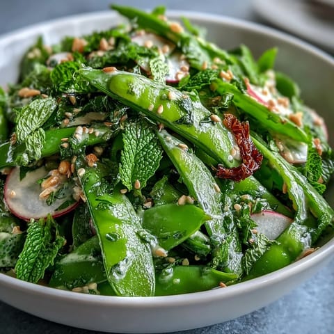 Crisp, refreshing snap pea radish salad featuring bright green snap peas and peppery radishes.