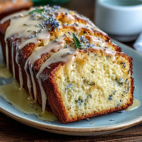 Fragrant Lemon Lavender Loaf Cake, perfectly moist with sweet honey drizzle.