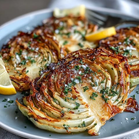 Golden Roasted Cabbage Steaks, tender with crispy edges and zesty lemon.