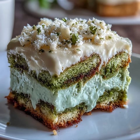 Green matcha tiramisu dessert dusted with vibrant matcha powder, creamy and layered.