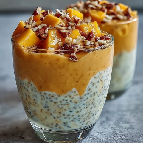 Vibrant Skyr Protein Chia Pudding topped with fresh mango, perfectly chilled and ready.