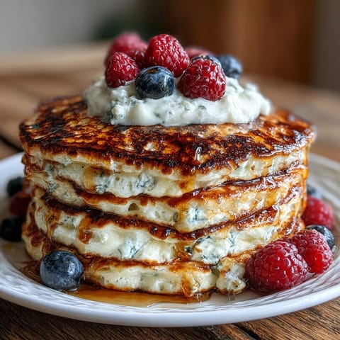 Fluffy Icelandic skyr pancakes piled high, drizzled with syrup.