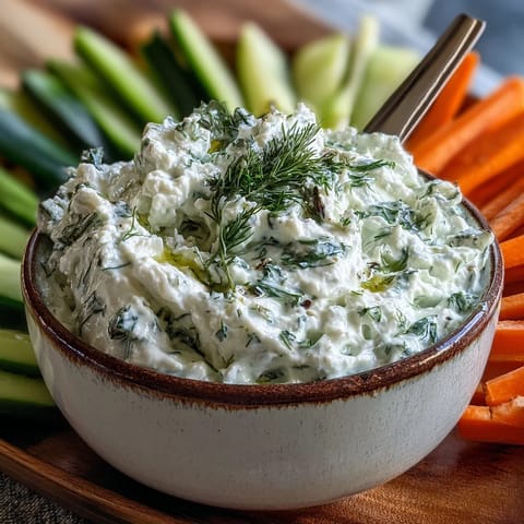 Drizzled Skyr Tzatziki Dip, a cool, lemony, garlicky delight for dipping.