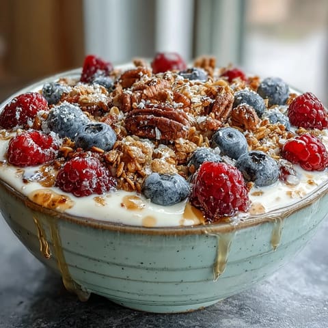 Creamy Skyr Protein Smoothie Bowl topped with fresh berries and crunchy granola clusters.