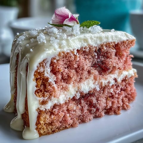 Delicate pink rosé velvet cake boasts a luscious cream cheese frosting and gold drizzle.