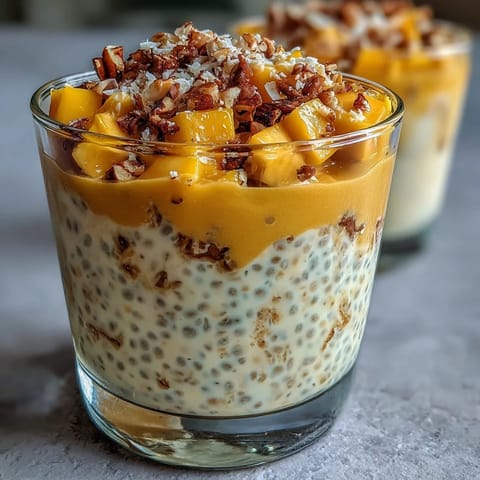 Creamy Skyr Protein Chia Pudding with bright mango chunks, a delightful breakfast.