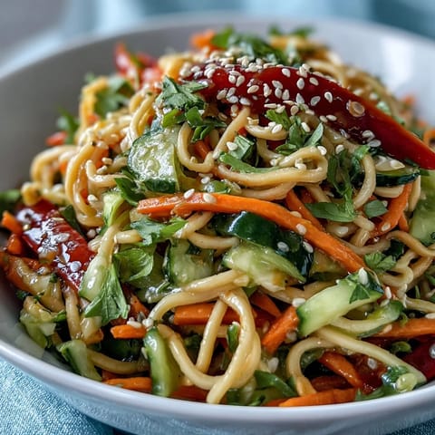 Vibrant Cold Soba Noodle Salad with Sesame Ginger dressing, perfect for a light meal.