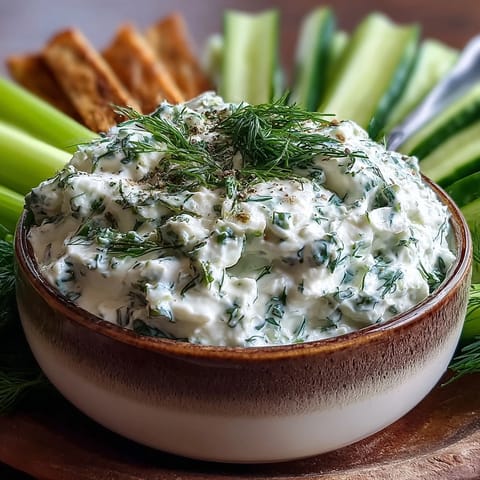 Creamy Skyr Tzatziki Dip with vibrant dill and cucumber, a refreshing appetizer.