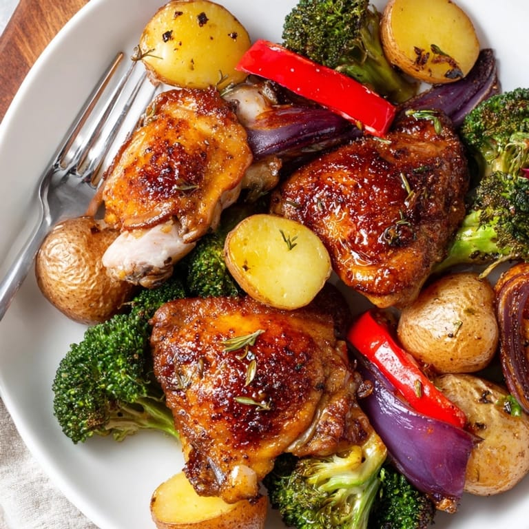 Close-up of Honey Lemon Roasted Chicken Sheet Pan fresh from the oven, glossy and caramelized with herbs.