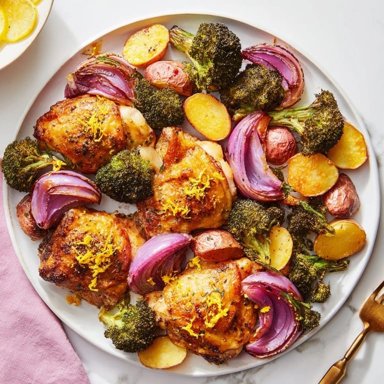 Family dinner scene featuring Honey Lemon Roasted Chicken Sheet Pan with crisp potatoes, broccoli, and lemon slices.