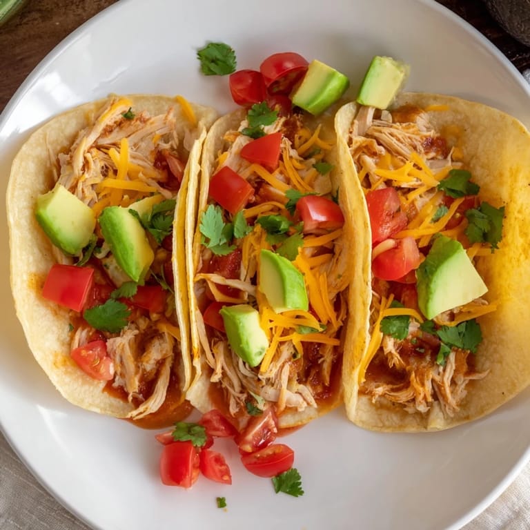 Close-up of slow cooker shredded chicken tacos; a vibrant, tasty meal served on warm tortillas.
