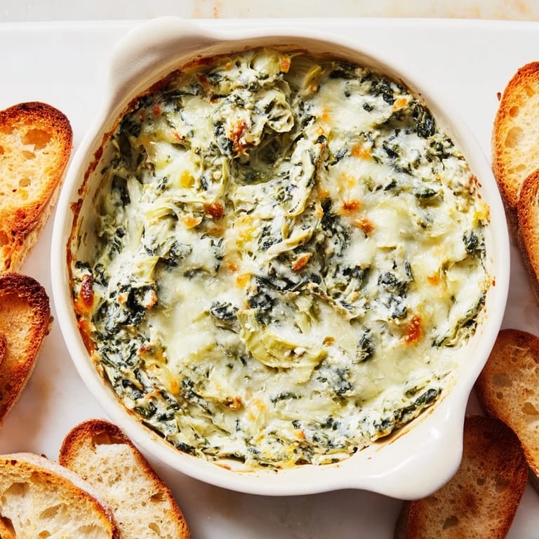 Creamy, comforting warm spinach and artichoke dip, ready to be scooped with your favorite chips.