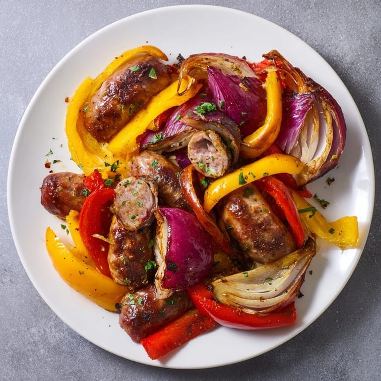 Get a close-up of sheet pan roasted Italian sausage, peppers, and onions, sizzling after baking in oven.