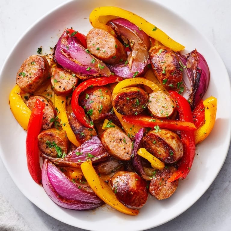 This easy sheet pan meal: Italian sausage, peppers, and onions, is a one-pan, flavorful dinner with perfect browning.