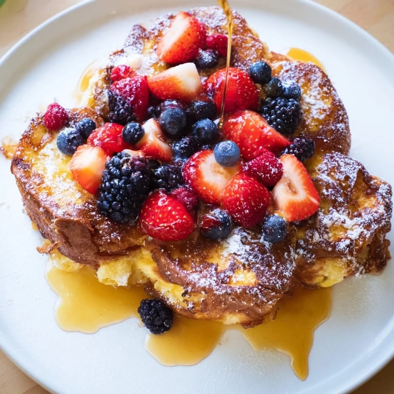A warm plate of French toast, bursting with flavor, showcases the berries' bright colors and maple syrup shine.