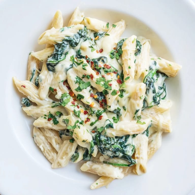 This close-up showcases Magic Casserole: creamy pasta and spinach, a comforting vegetarian delight.