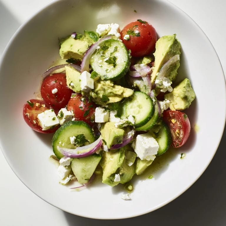 A colorful bowl of Fresh Salad features bright tomatoes and salty feta cheese.