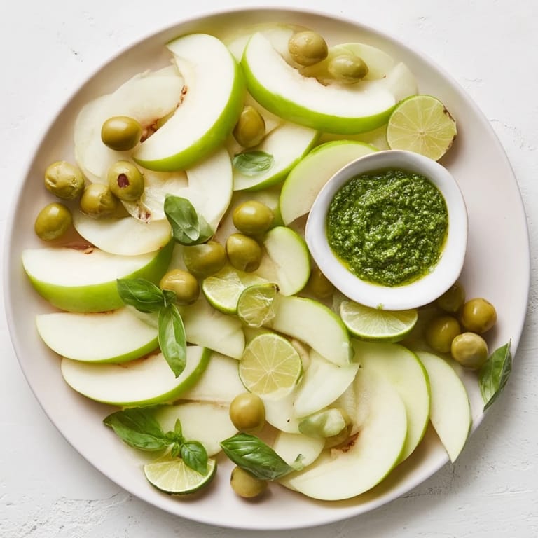 Freshly arranged Emerald City appetizer board: Granny Smith apple slices with green olives and basil pesto dip.