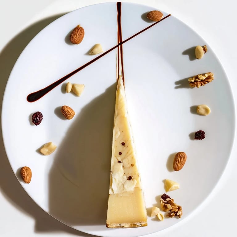 The elegant "Sundial" cheese platter showcases hard cheese and roasted nuts clustered beautifully, perfect for entertaining guests.