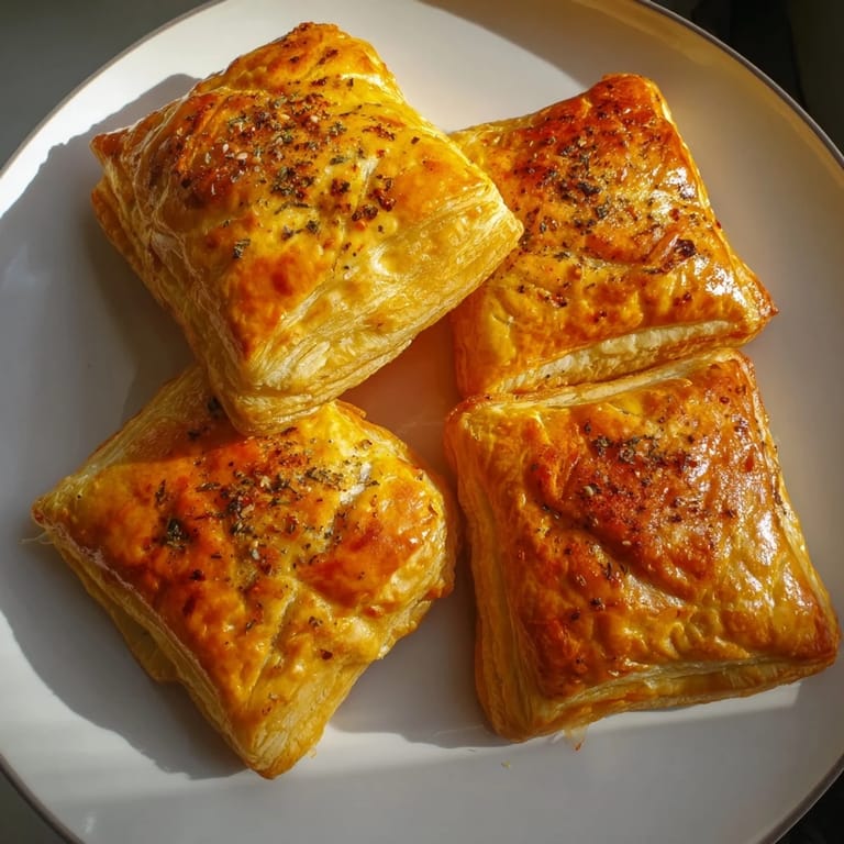 Enjoy a tray of warm Cheese and Spice Puff Pastry Bites; bite-sized appetizers with a cheesy flavor.