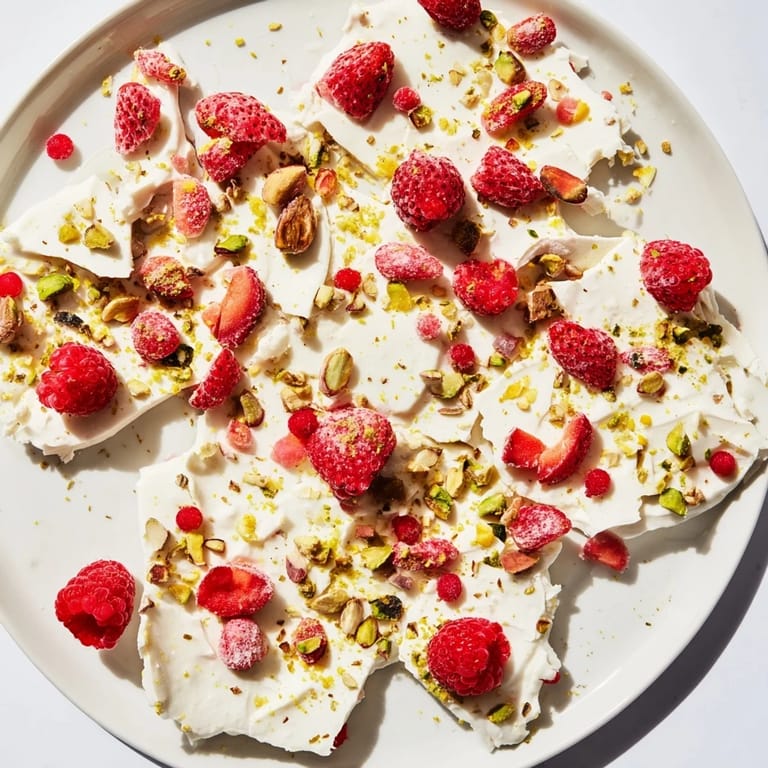 Creamy frozen yogurt bark with vibrant red berries, a delightful, healthy snack option.