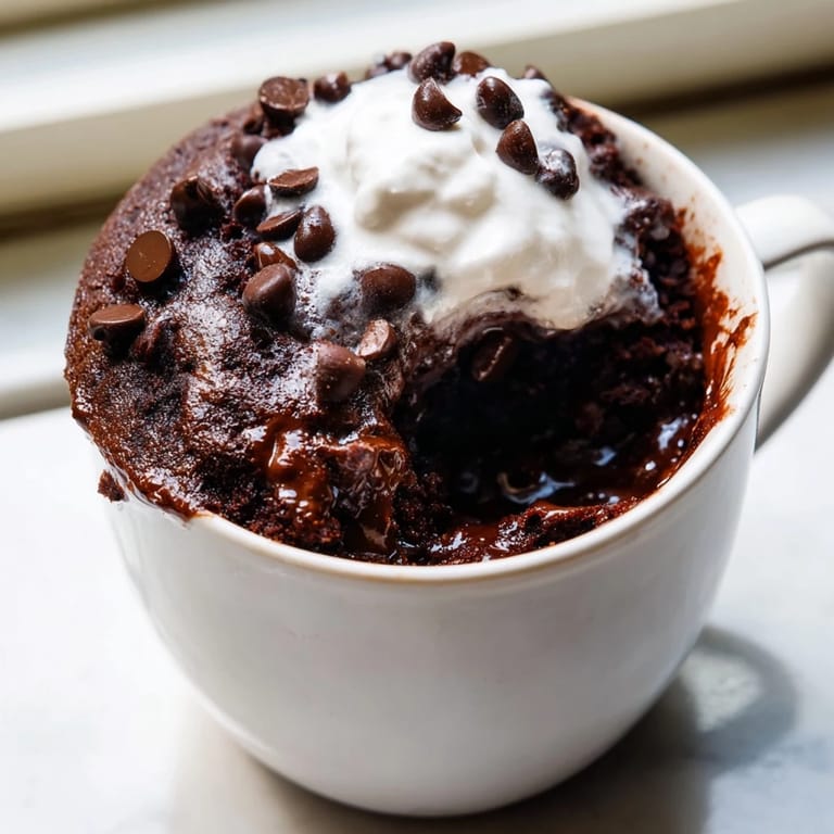 Warm chocolate mug cake topped with whipped cream, the ultimate simple chocolate treat.