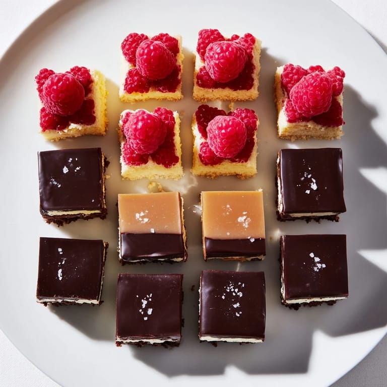 This Checkerboard Terrace dessert presents a colorful checkerboard pattern with varied textures and toppings.