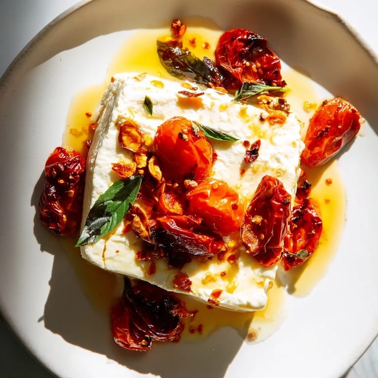 A close-up shot of Baked Feta 2.0 with honey and chili shows bubbly feta cheese and blistered tomatoes ready to serve.