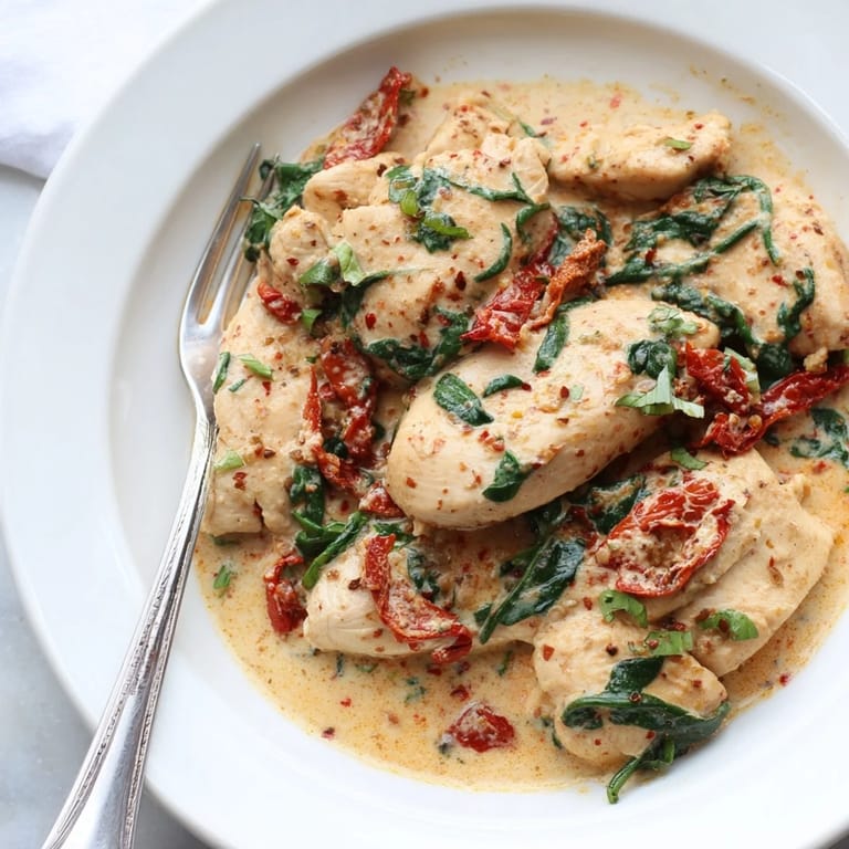 Sizzling Creamy Sun-Dried Tomato Chicken Skillet with spinach, served with a garnish of fresh basil for aroma.