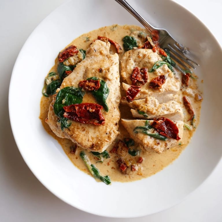 This delicious Creamy Sun-Dried Tomato Chicken Skillet displays seared chicken smothered in a creamy, tangy sauce.