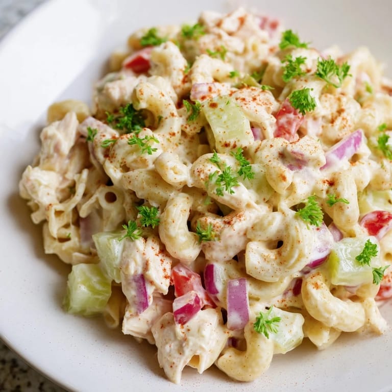 Chilled Chicken Macaroni Holiday Salad, filled with colorful vegetables, is perfect for a potluck.