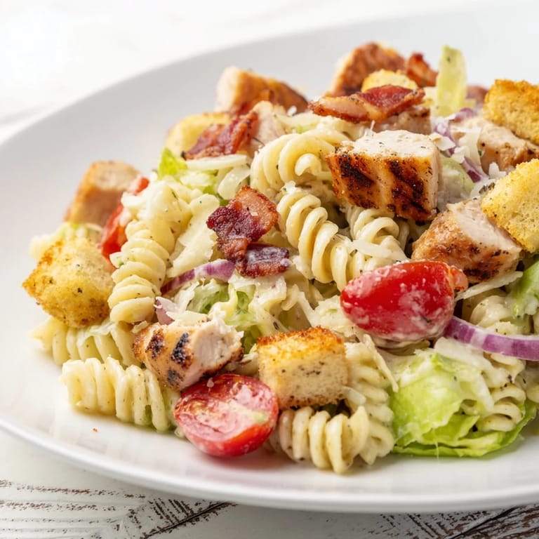Enjoy the tempting textures of this savory Chicken Caesar Pasta Salad, complete with bacon and fresh tomatoes.