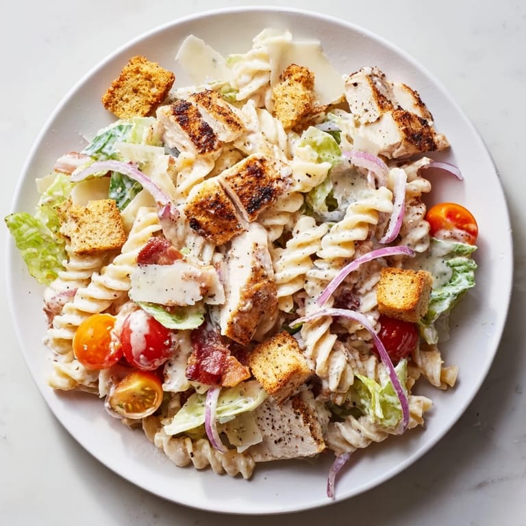 This image shows a vibrant bowl of Chicken Caesar Pasta Salad, garnished with fresh Parmesan and croutons.