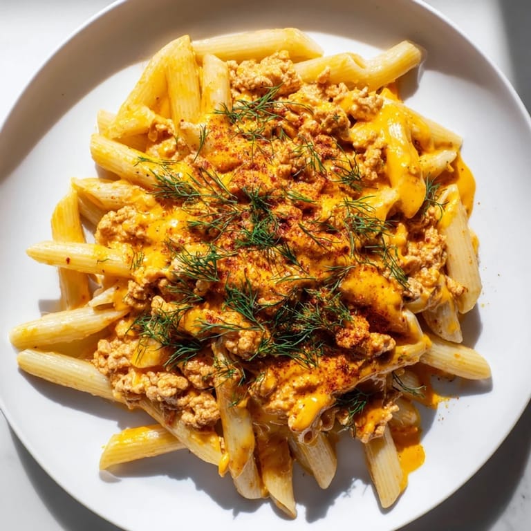 Vibrant image of Turkish Pasta with Ground Turkey: a delicious meal showcasing spiced butter's rich, red hues.