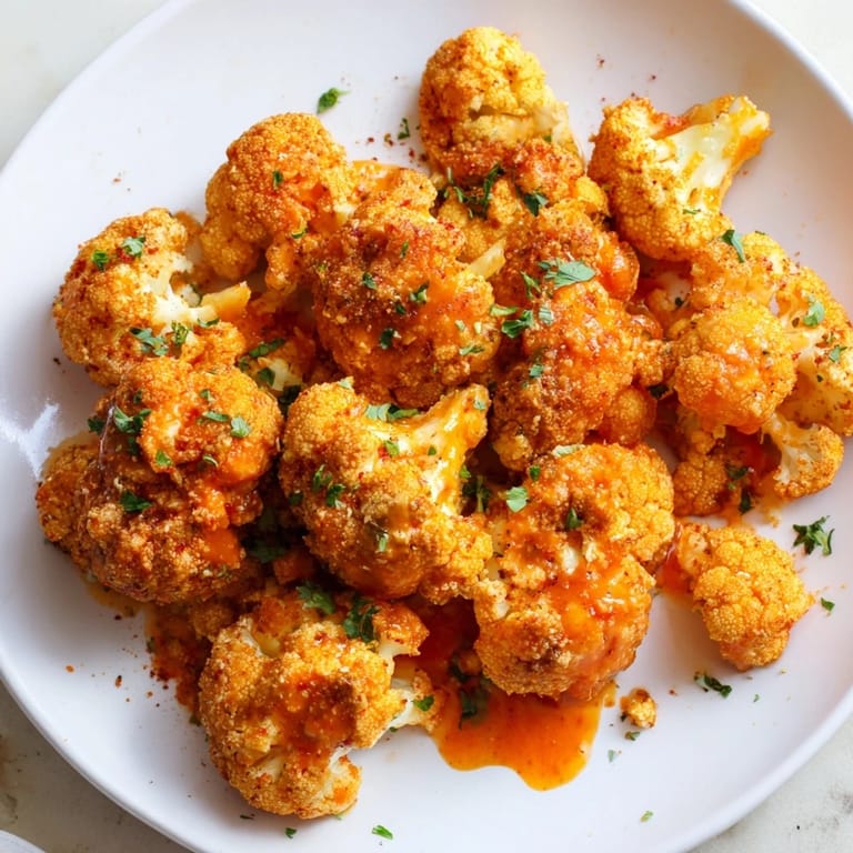 A platter of plant-based Buffalo Cauliflower Bites, offering a satisfying crunch and fiery flavor, visually appealing.