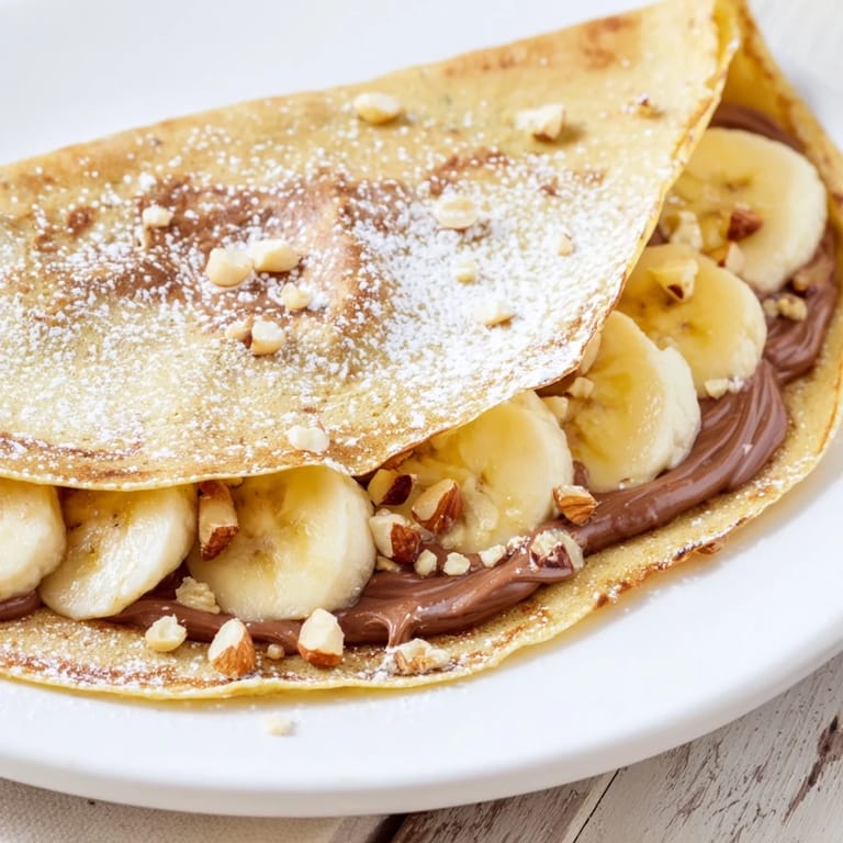 Indulge in a delicious Banana Nutella Wrap – a warm treat with a drizzle of powdered sugar.